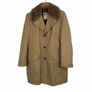 VTG LONDON FOG Mens Faux Fur Collar Canvas Jacket Coat Tan 42 Reg Retro Grunge